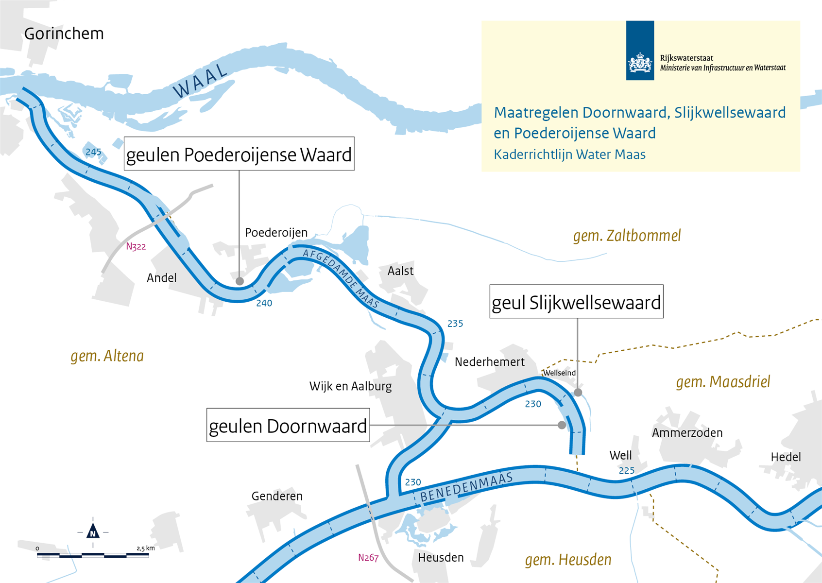 Kaart met de ligging van de Afgedamde Maas, tussen de Benedenmaas aan de zuidkant en de Waal in het noorden. Drie naambordjes geven aan waar de maatregelgebieden Geulen Doornwaard, Geul Slijkwellsewaard en Geulen Poederoijense Waard liggen. 